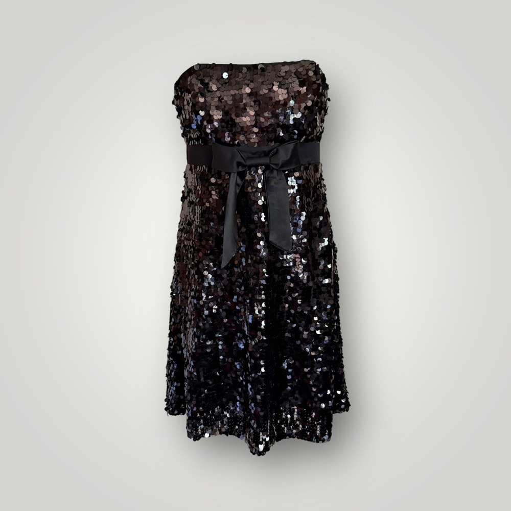 Betsey Jonson Sz 6 Black Large Sequin and Satin Bow Tie Empire Waist Party Dress